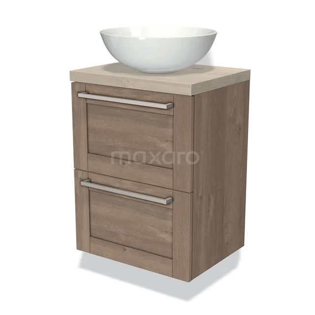 Wooden bathroom cabinet with two drawers, natural wood finish and white countertop wash basin, ideal for a modern bathroom design.