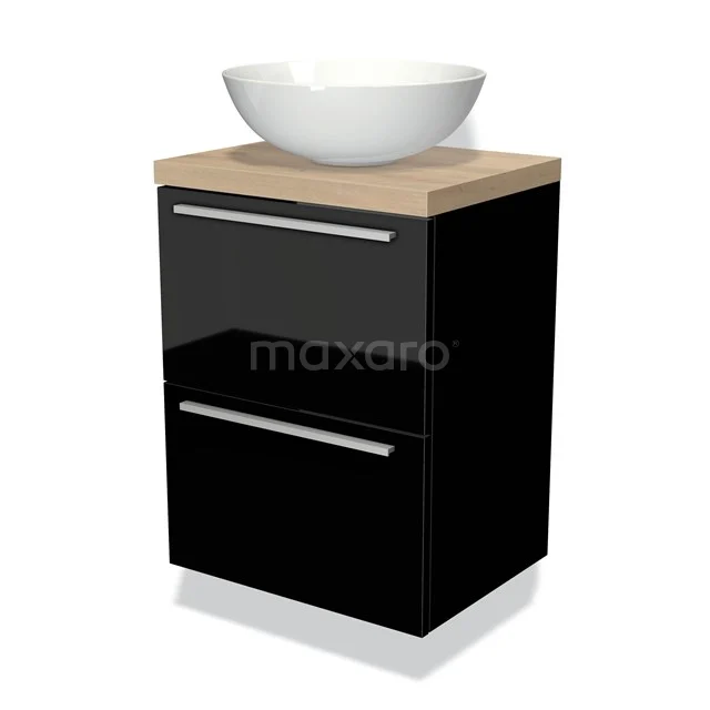 Schwarzer Badschrank mit Holzplatte, weißem keramischen Aufsatzwaschbecken, modernes Design. Geeignet für stilvolle Badezimmergestaltung.