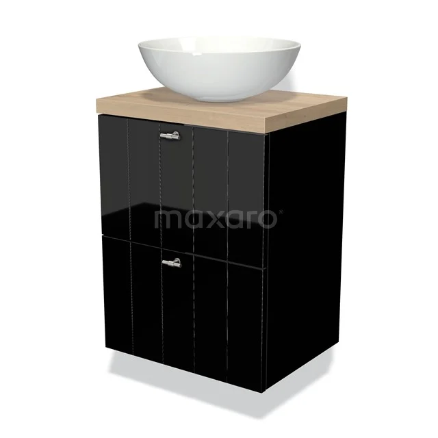 Schwarzes Badmöbel mit Holzplatte, weißem rundem Waschbecken, modernes Design, ideal für eine stilvolle Badezimmer Einrichtung.
