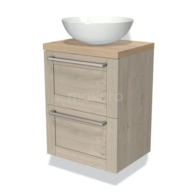 Holz-Badmöbel mit natürlicher Oberfläche, zwei Schubladen und rundem weißen Aufsatzwaschbecken; stilvoll und kompakt für moderne Bäder.