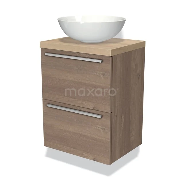 Modulo Plato Slim Vanity units for countertop basin | 50 cm Mid brown oak Flat front Light brown oak worktop 2 Stacked drawers BMK37-00417