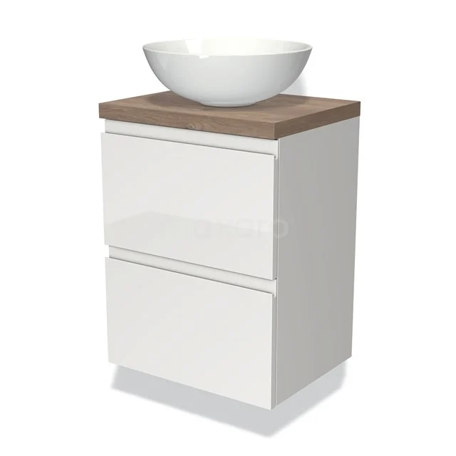 Waschtischunterschrank mit Konsole 50cm Modulo Plato Slim Hochglanz Weiß 2 Schubladen Grifflos BMK37-00433 Weißes Badezimmermöbel mit Holzplatte und rundem Aufsatzwaschbecken, modernes Design, ideal für stilvolle Badezimmergestaltung.