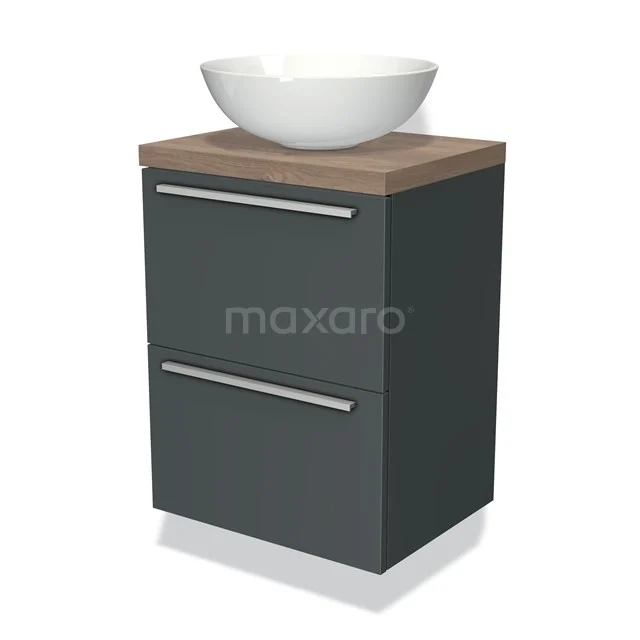 Antrazitgrau Badmöbel mit Holzlook Platte, weißem Aufsatzwaschbecken und zwei Schubladen. Modernes Design für stilvolle Bäder.