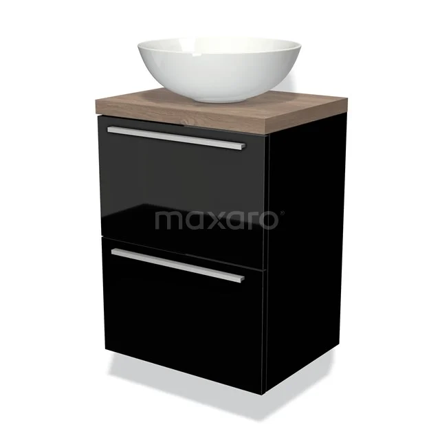 Schwarze Badmöbelset mit Glasfront, Holzplatte und weißem Aufsatzwaschbecken, modernes Design für stilvolle Bäder.