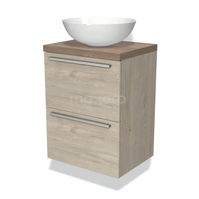 Badmöbel mit Konsole 50cm Modulo Plato Slim Hellgraue Eiche 2 Schubladen Flach BMK37-00445 Holz-Badmöbel mit zwei Schubladen, keramischem Waschbecken und Edelstahl-Haltegriffen, modernes und kompaktes Design für kleine Bäder.