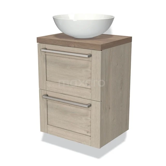 Wooden bathroom cabinet with white countertop wash basin, modern finish, two drawers and stylish design for an organised bathroom.