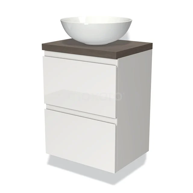 Weißes Badezimmermöbel mit Aufsatzwaschbecken, Holzlook Platte und zwei Schubladen. Perfekt für eine moderne Badezimmer Einrichtung.