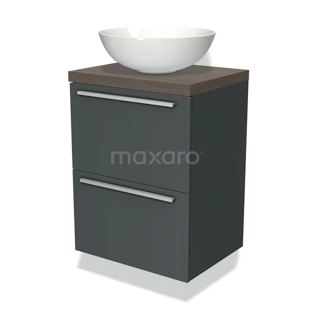 Dunkelgraue Badmöbelset mit Holzplatte und weißem Aufsatzwaschbecken, moderne Ausstrahlung und metallischen Haltegriffen.