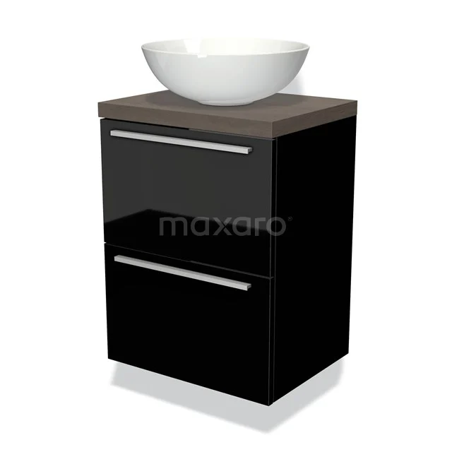 Schwarzer Badschrank mit glänzender Oberfläche, Holzplatte und weißem Aufsatzwaschbecken; modernes Design für stilvolle Bäder.