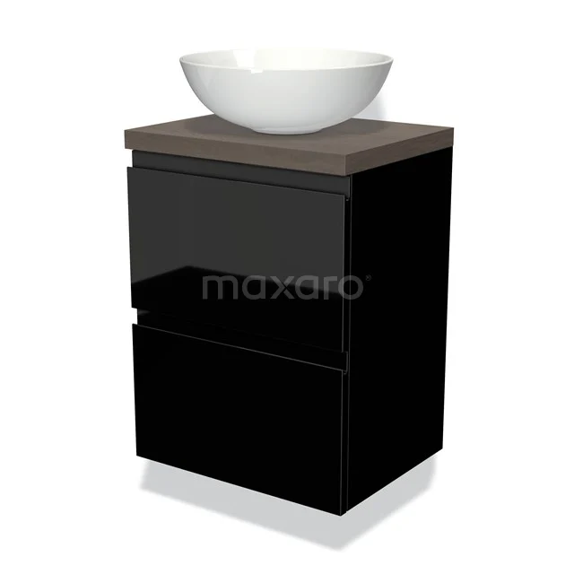 Modulo Plato Slim Vanity units for countertop basin | 50 cm High-gloss black Handle-less front Dark brown oak worktop 2 Stacked drawers BMK37-00472
