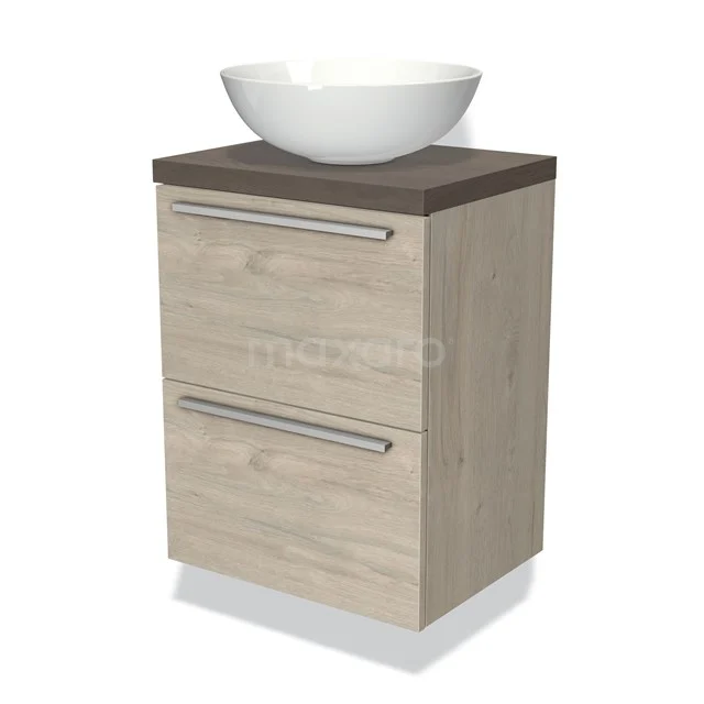 Modulo Plato Slim Badmöbel mit Aufsatzwaschbecken | 50 cm Hellgraue Eiche Flach front Dunkelbraune Eiche blatt 2 übereinanderliegende Schubladen BMK37-00475 Badschrank mit Aufsatzwaschbecken, Holzoptik, 2 Schubladen und dunkelbrauner Platte; modernes Design mit kompakt Stauraum.