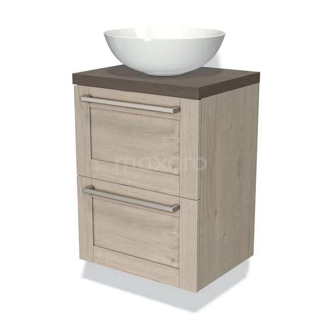 Wooden bathroom unit with natural stone worktop, white countertop wash basin and 2 drawers, modern design for stylish bathrooms.