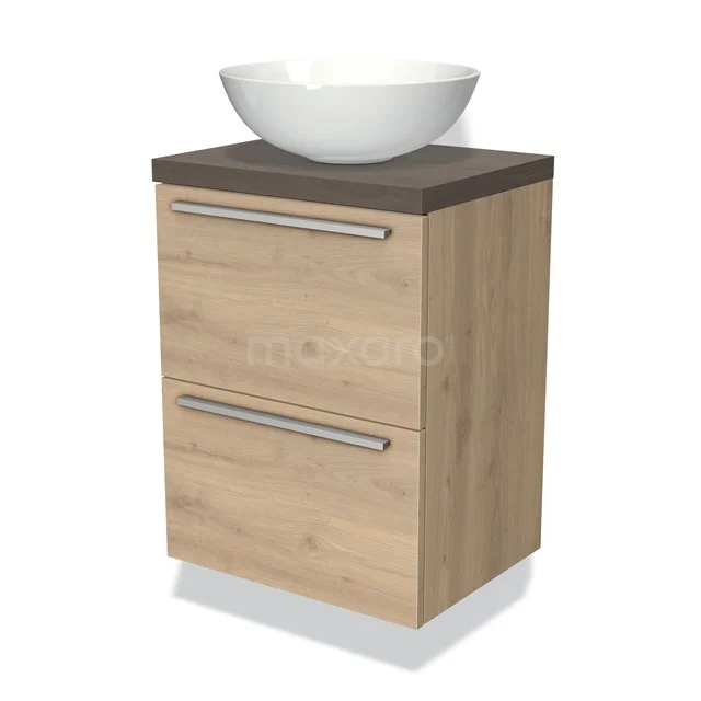 Holz-Badschrank mit Aufsatzwaschbecken, helle Holzfarbe, zwei Schubladen mit Metallgriffen, modernes Design für stilvolle Badezimmergestaltung.