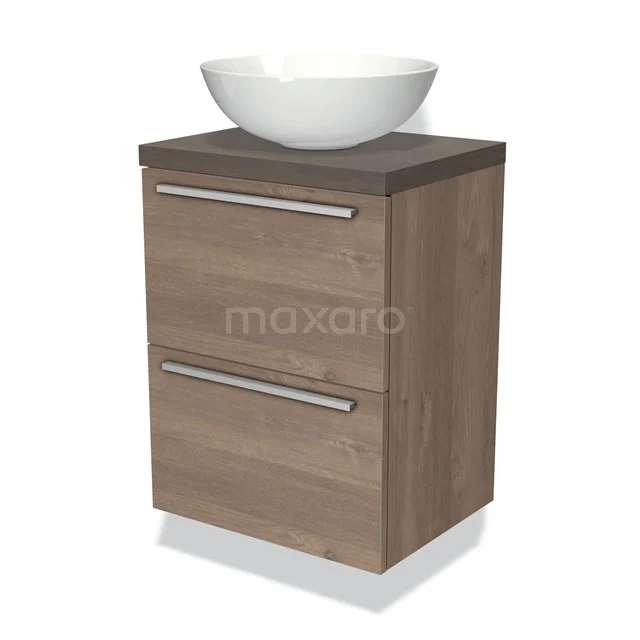 Kompakte Holz-Badmöbel mit Aufsatzwaschbecken, ausgestattet mit zwei Schubladen und einer natürlichen Eichenholz-Oberfläche.