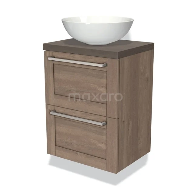 Wooden bathroom cabinet with countertop wash basin, dark oak, two drawers with metal handles, ideal for storage space in the bathroom.