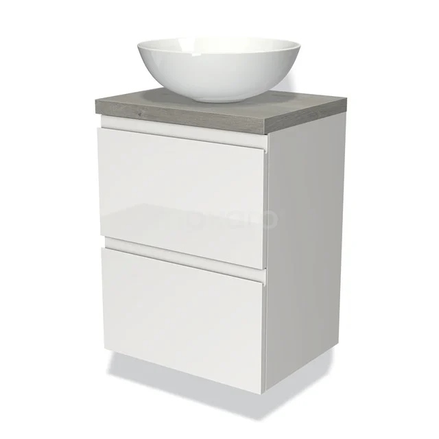 White bathroom unit with 2 drawers, round ceramic vanity units with basin and grey wooden worktop, ideal for modern bathroom design.