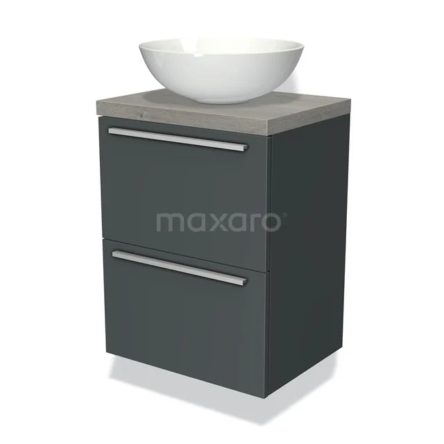 Badmöbel für Aufsatzwaschbecken 50cm Modulo Plato Slim Dunkelgrau 2 Schubladen Flach BMK37-00497 Dunkelgrau Badmöbel mit Holzlook Platte und weißem Aufsatzwaschbecken, modernes Design mit zwei Schubladen für Stauraum.