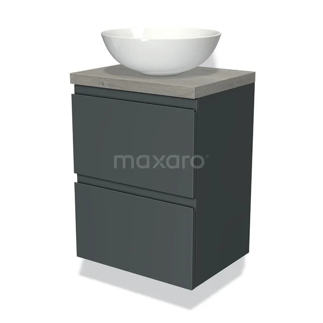 Waschtischunterschrank mit Konsole 50cm Modulo Plato Slim Dunkelgrau 2 Schubladen Grifflos BMK37-00499 Dunkelgraue Badmöbel mit zwei Schubladen, Betonplatte und weißem Aufsatzwaschbecken, modernes Design für stilvolle Bäder.