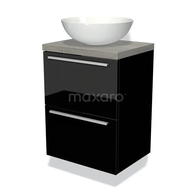 Schwarz glänzendes Badmöbel mit grauer Platte und weißem Aufsatzwaschbecken, modernes Design, ideal für eine stilvolle Badezimmerinrichtung.