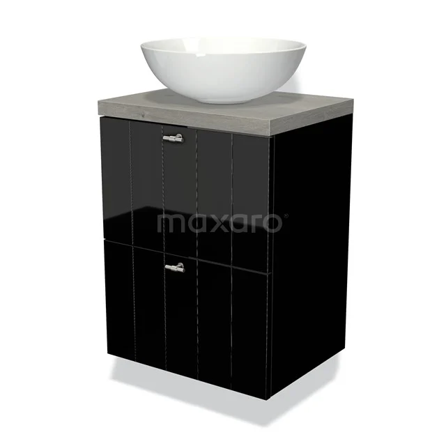Modulo Plato Slim Vanity units for countertop basin | 50 cm High-gloss black Slat front Grey oak worktop 2 Stacked drawers BMK37-00501
