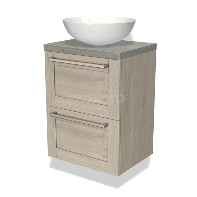 Bathroom unit with ceramic countertop wash basin, wood-look fronts and grey worktop, modern style with practical storage drawers.