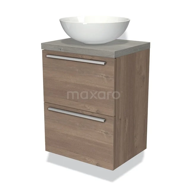 Modulo Plato Slim Vanity units for countertop basin | 50 cm Mid brown oak Flat front Grey oak worktop 2 Stacked drawers BMK37-00509