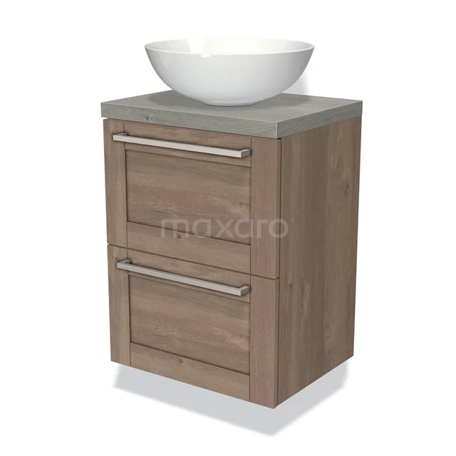 Wooden bathroom unit with two drawers, grey stone worktop and white countertop wash basin, perfect for a modern bathroom style.