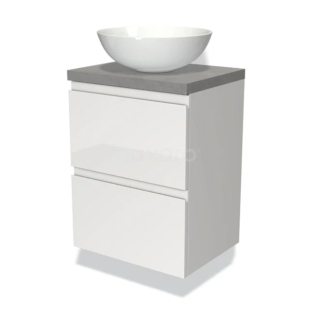 Modulo Plato Slim Vanity units for countertop basin | 50 cm High-gloss white Handle-less front Light grey concrete worktop 2 Stacked drawers BMK37-00523