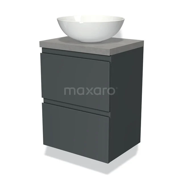 Dunkelgraue Badmöbelset mit zwei Schubladen, Betonlook Platte und weißem Waschbecken; modernes Design für stilvolle Bäder.