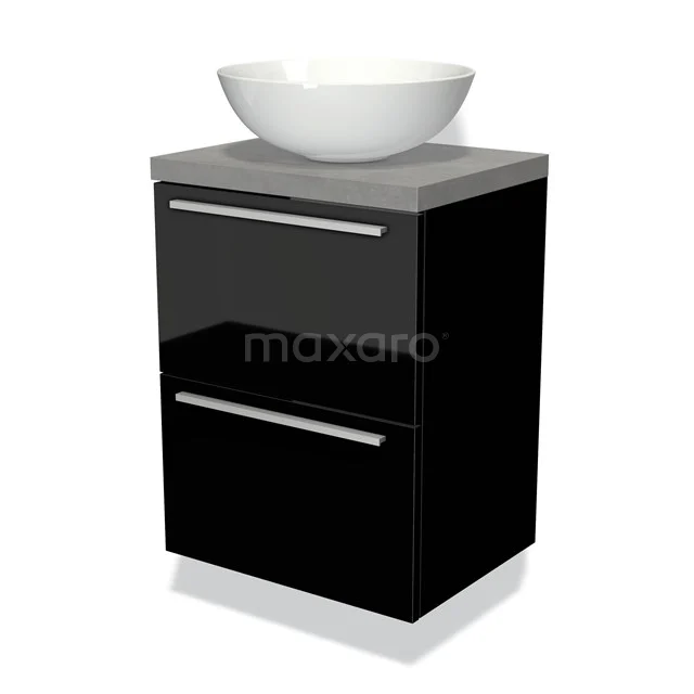 Modulo Plato Slim Badmöbel mit Aufsatzwaschbecken | 50 cm Hochglanz Schwarz Flach front Hellgrauer Beton blatt 2 übereinanderliegende Schubladen BMK37-00530 Schwarz Badmöbel mit einer glänzenden Oberfläche, einem runden weißen Waschbecken und einer grauen Stein Platte für einen modernen Look.