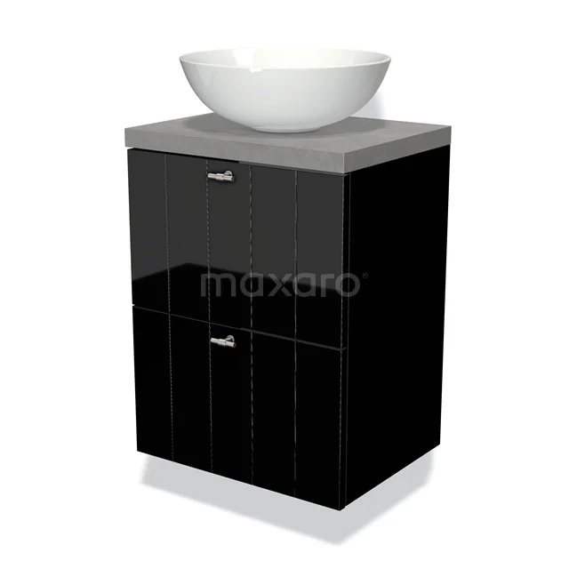 Modulo Plato Slim Vanity units for countertop basin | 50 cm High-gloss black Slat front Light grey concrete worktop 2 Stacked drawers BMK37-00531