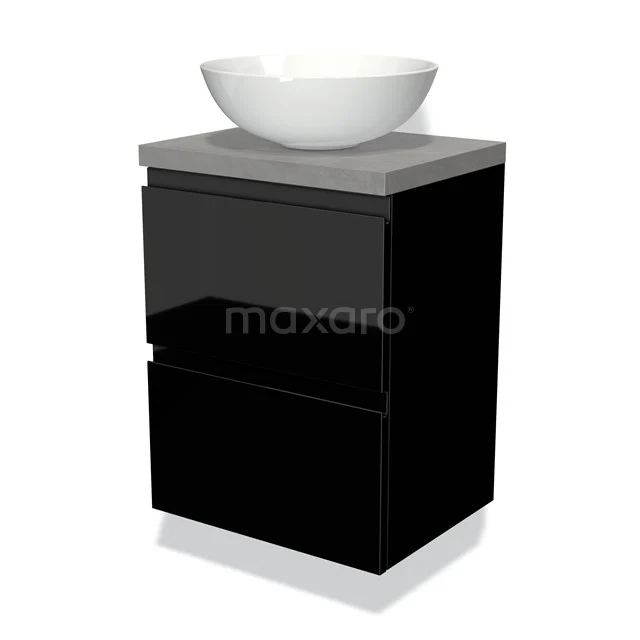 Modulo Plato Slim Vanity units for countertop basin | 50 cm High-gloss black Handle-less front Light grey concrete worktop 2 Stacked drawers BMK37-00532