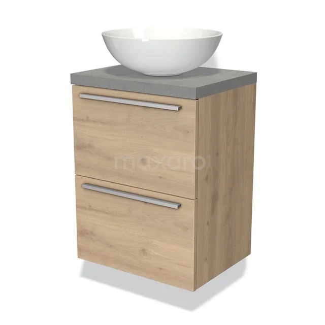 Badmöbel mit Konsole 50cm Modulo Plato Slim Hellbraune Eiche 2 Schubladen Flach BMK37-00537 Hölzerner Badschrank mit zwei Schubladen, grauer Steinplatte und weißem Waschbecken; stilvolles Design für ein modernes Badezimmer.