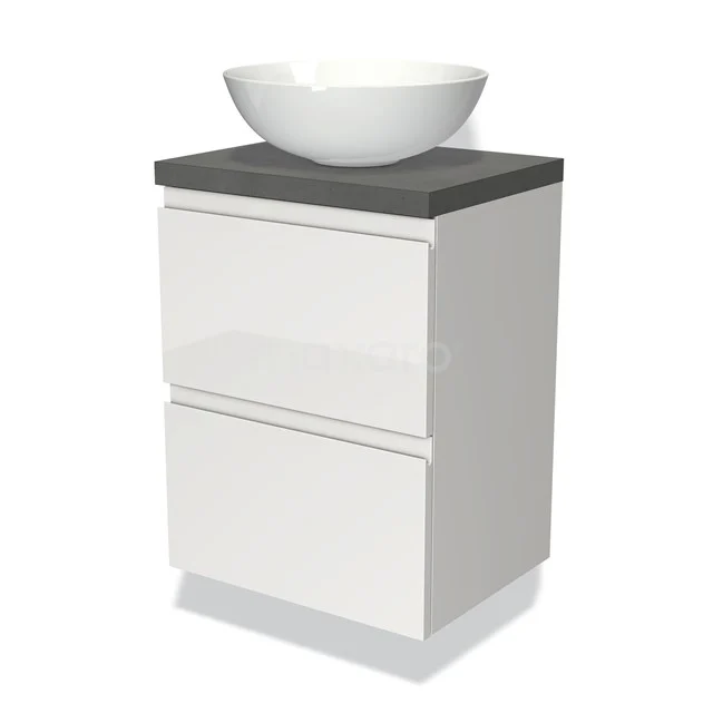 Weißes hängendes Badmöbel mit zwei Schubladen, grauer Steinplatte und rundem Waschbecken, perfekt für moderne Badezimmergestaltung.
