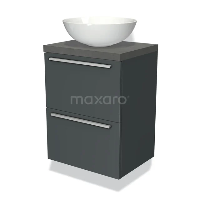 Modulo Plato Slim Badmöbel mit Aufsatzwaschbecken | 50 cm Dunkelgrau Flach front Dunkelgrauer Beton blatt 2 übereinanderliegende Schubladen BMK37-00558 Grau Badschrank mit zwei Schubladen, keramischem Aufsatzwaschbecken und modernem Design, ideal für ein modernes Badezimmer.