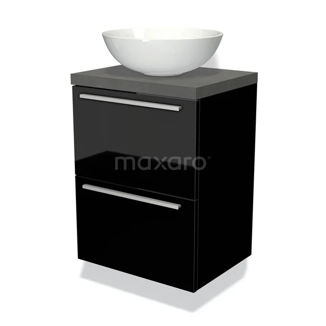 Waschtischunterschrank mit Konsole 50cm Modulo Plato Slim Hochglanz Schwarz 2 Schubladen Flach BMK37-00561 Schwarzer Badschrank mit glänzender Oberfläche, zwei Schubladen und einem weißen Aufsatzwaschbecken aus Keramik.