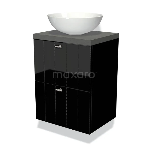 Modulo Plato Slim Vanity units for countertop basin | 50 cm High-gloss black Slat front Dark grey concrete worktop 2 Stacked drawers BMK37-00562