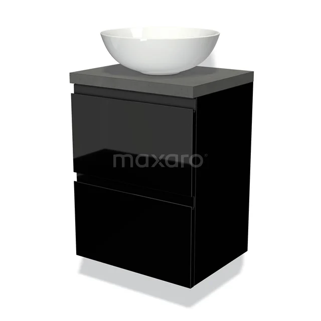 Modulo Plato Slim Vanity units for countertop basin | 50 cm High-gloss black Handle-less front Dark grey concrete worktop 2 Stacked drawers BMK37-00563