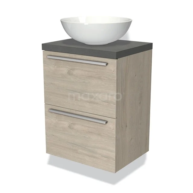 Holz-Badmöbel mit grauer Platte, zwei Schubladen und einem weißen Aufsatzwaschbecken; modernes Design für stilvolle Bäder.