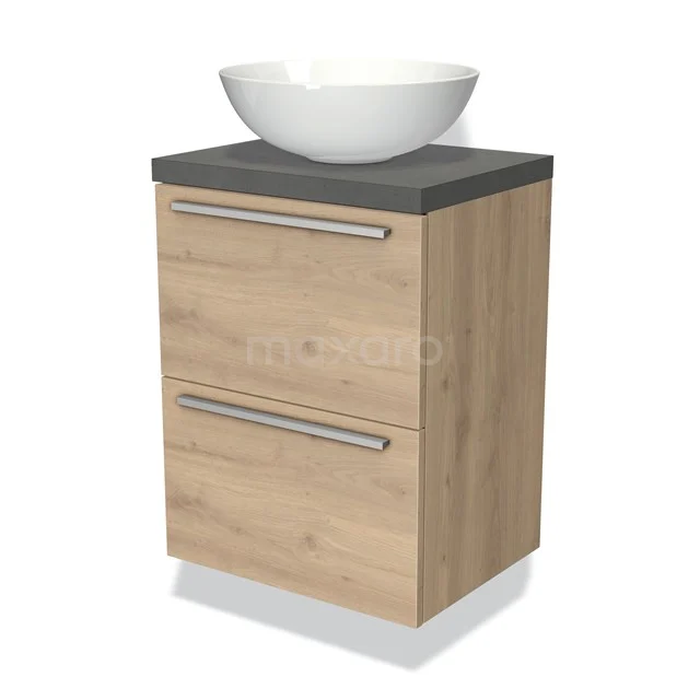 Hölzernes Badezimmermöbel mit zwei Schubladen, grauem Aufsatzwaschbecken, modernem Design und Edelstahl Haltegriffen, ideal für stilvolle Bäder.