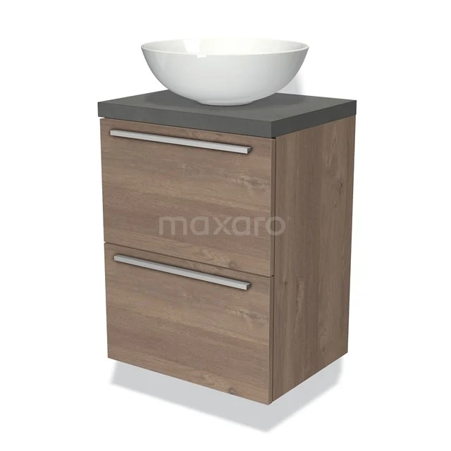 Hölzernes Badezimmermöbel mit grauer Platte, weißem Aufsatzwaschbecken, zwei Schubladen und Edelstahl-Haltegriffen, ideal für moderne Badezimmergestaltung.