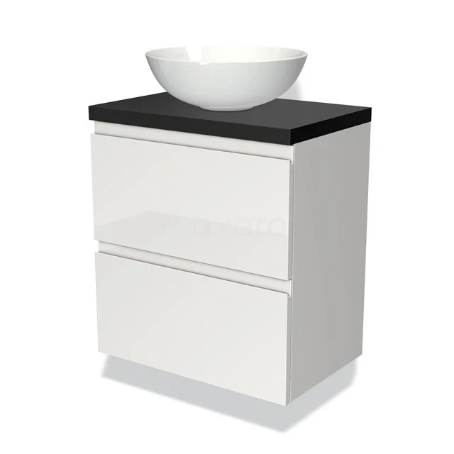 Waschtischunterschrank mit Konsole 60cm Modulo Plato Slim Hochglanz Weiß 2 Schubladen Grifflos BMK37-00582 Weißes Badezimmermöbel mit zwei Schubladen, schwarzer Platte und rundem weißen Aufsatzwaschbecken, moderner Stil, perfekt für kompakte Bäder.