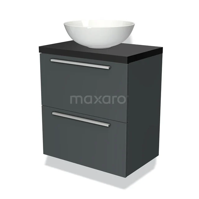 Graue Badmöbel Set mit zwei Schubladen, schwarzer Platte und weißem keramischen komförmigen Waschbecken, modernes Design.