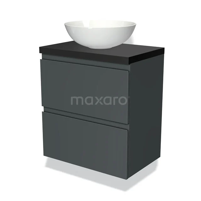 Donkergrijze badkamerkast met keramische waskom, modern design, ideaal voor compacte badkamers.