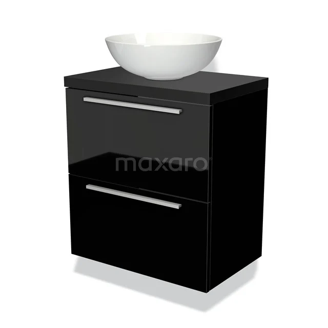 Zwart glanzend badkamermeubel met twee lades en een ronde witte wastafel, modern design voor stijlvolle badkamers.