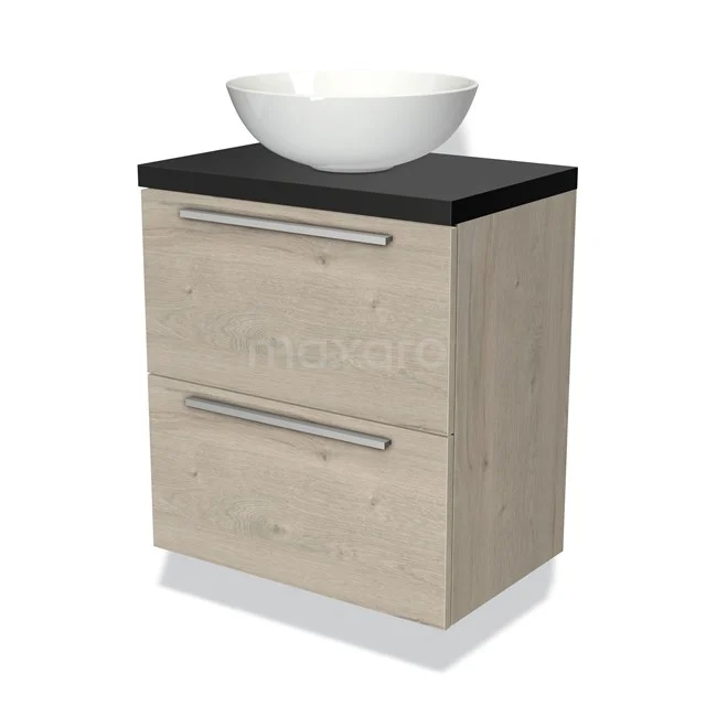 Wooden bathroom unit with countertop wash basin, light oak look, black top coat, 2 drawers and modern steel-grey handles.
