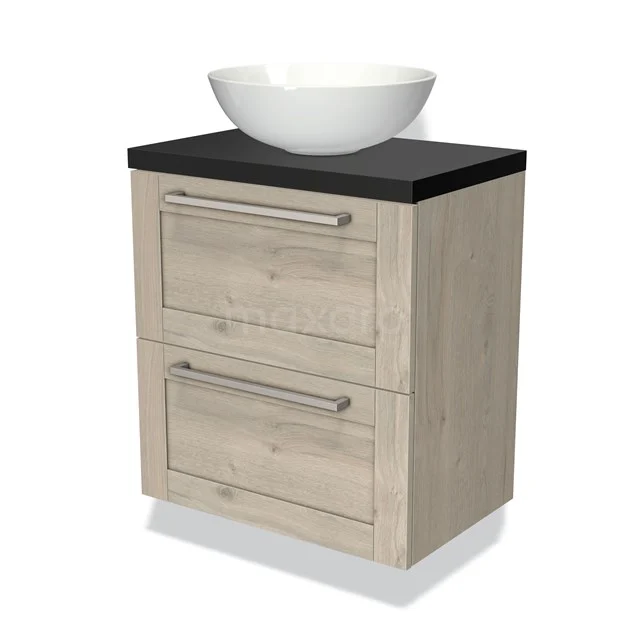 Wooden bathroom unit with black top, two drawers and a round white countertop wash basin, modern and compact design.
