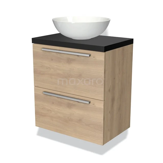 Badmöbel mit Konsole 60cm Modulo Plato Slim Hellbraune Eiche 2 Schubladen Flach BMK37-00596 Holz Badezimmermöbel mit 2 Schubladen, Schwarz Platte und weißen Aufsatzwaschbecken, modernes Design, perfekt für eine stilvolle Badezimmerinrichtung.