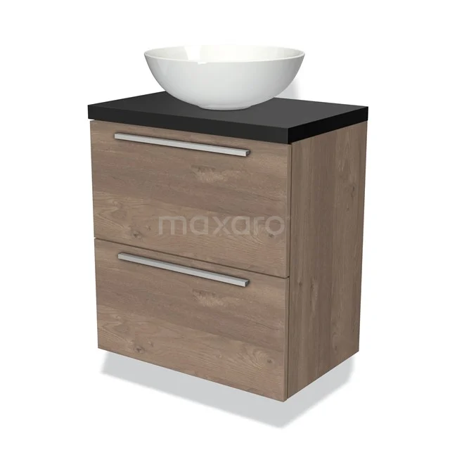 Holz-Badmöbel mit Aufsatzwaschbecken, schwebendes Design, matt schwarze Platte, zwei Schubladen und Edelstahl-Griffe.