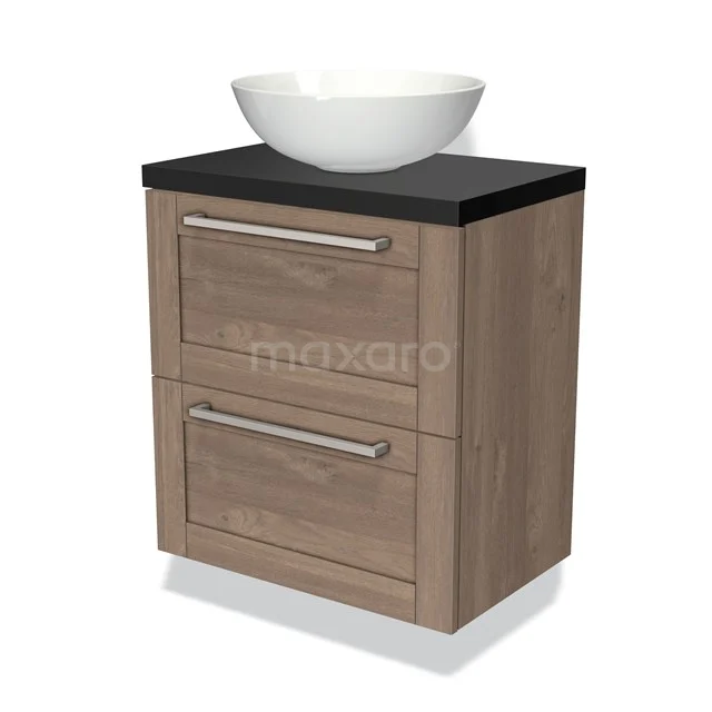 Houten badkamermeubel met antraciet blad en witte waskom, twee lades met metalen handgrepen, compact en stijlvol ontwerp.